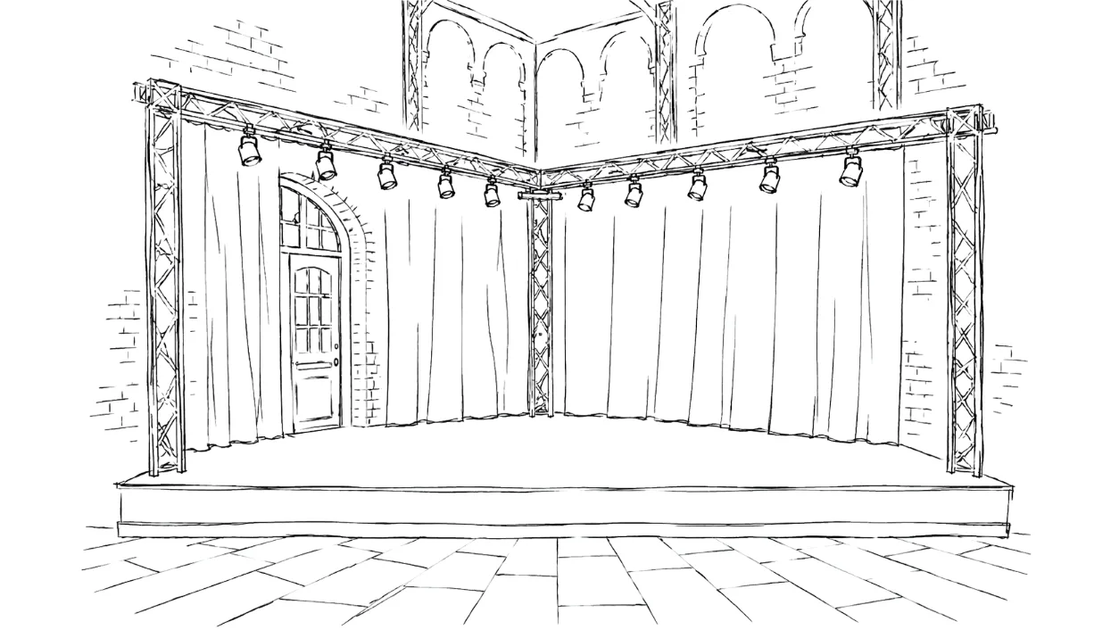 Line drawing of the stage at Lygten Station